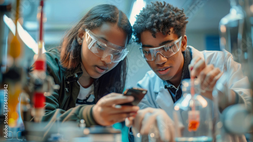 Two students in safety goggles, examining a scientific sample closely in a laboratory