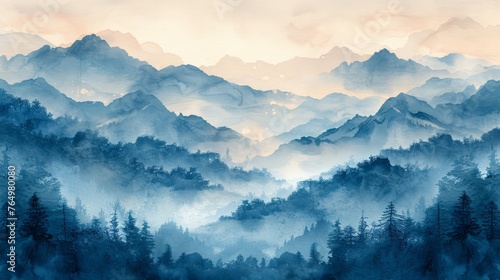 Geometric pattern modern. Mountain forest landscape design with blue and black watercolor texture. Natural background with Chinese clouds.