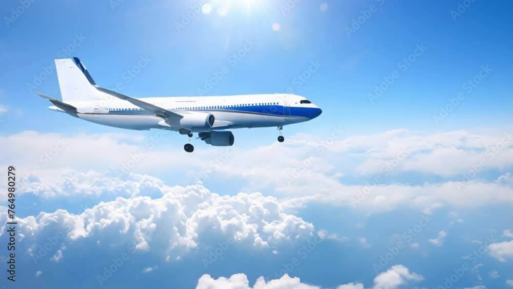 Aerial view of charter private jet flying above white clouds in a clear sunny day, aircraft Aerial view of charter private jet flying above white clouds in a clear sunny day, aircraft