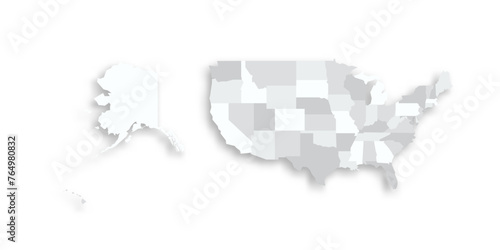 United States of America political map of administrative divisions - states and federal district Washington, D.C. Grey blank flat vector map with dropped shadow.