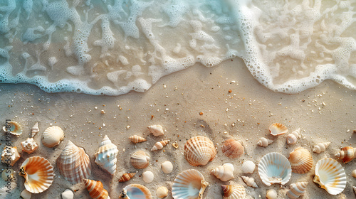 Top view of a sandy beach with seashells, generous copy space, no text, no logo, no brand, no letters, Cinematic, natural hues, wallpaper style, master piece, background, photorealistic © VirtualCreatures