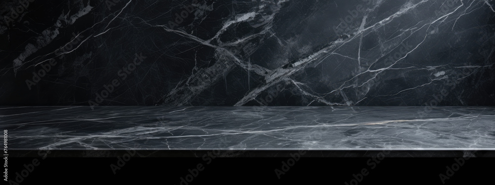 Empty table marble granite black countertop on black wall marble texture background. High quality photo Empty table marble granite black countertop on black wall marble texture background. High quality photo