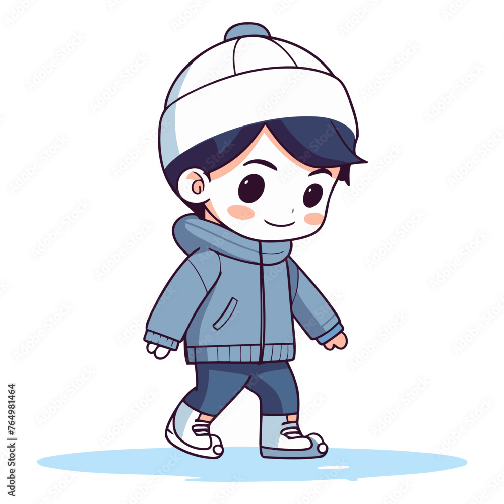 Cute little boy in winter clothes skating on ice.
