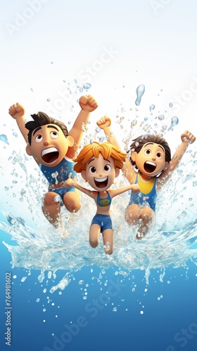 Happy 3D cartoon swimmers celebrating a win splashing water in a sunlit pool