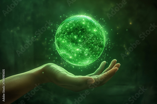 An outstretched hand presenting a spherical object with a green glowing network pattern, symbolizing futuristic technology.