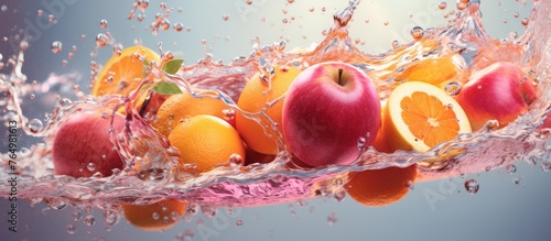 A fresh red apple is falling into the clear blue water, creating a splash and ripples on the surface
