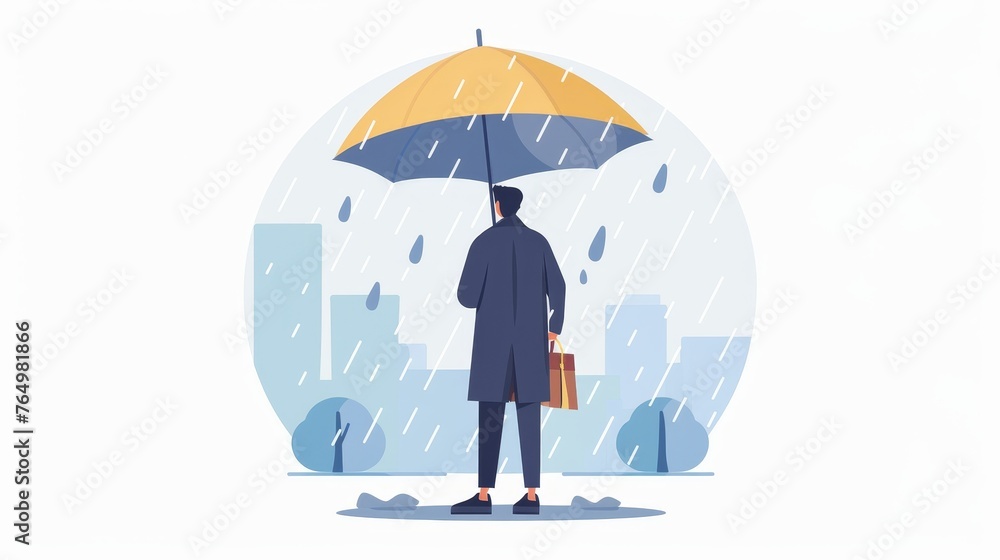 An umbrella-wearing man stands under a canopy in the rain. A business person holds a canopy in his hand and holds a parasol. Flat graphic modern Illustration isolated on a white background. An umbrella-wearing man stands under a canopy in the rain. A business person holds a canopy in his hand and holds a parasol. Flat graphic modern Illustration isolated on a white background.
