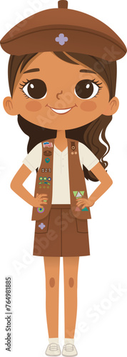 Smiling African American girl scout wearing vest with badges isolated on white background. Female scouter, Brownie ligue Scout Girls troop
