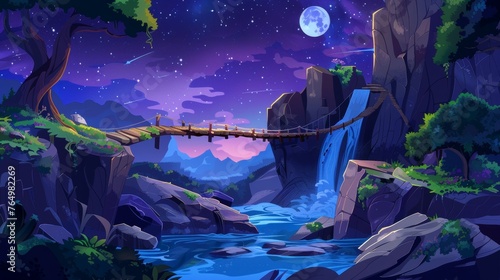 Rocky cliff with wooden bridge at night. Modern landscape cartoon with suspension road over chasm near waterfall. Precipice with dangerous walkway above river.