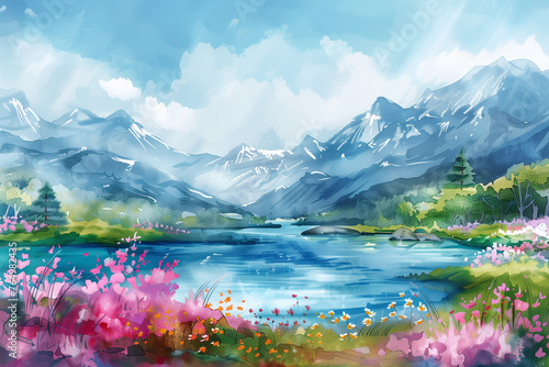 Spring landscape, mountains, lakes, flowers, watercolor style