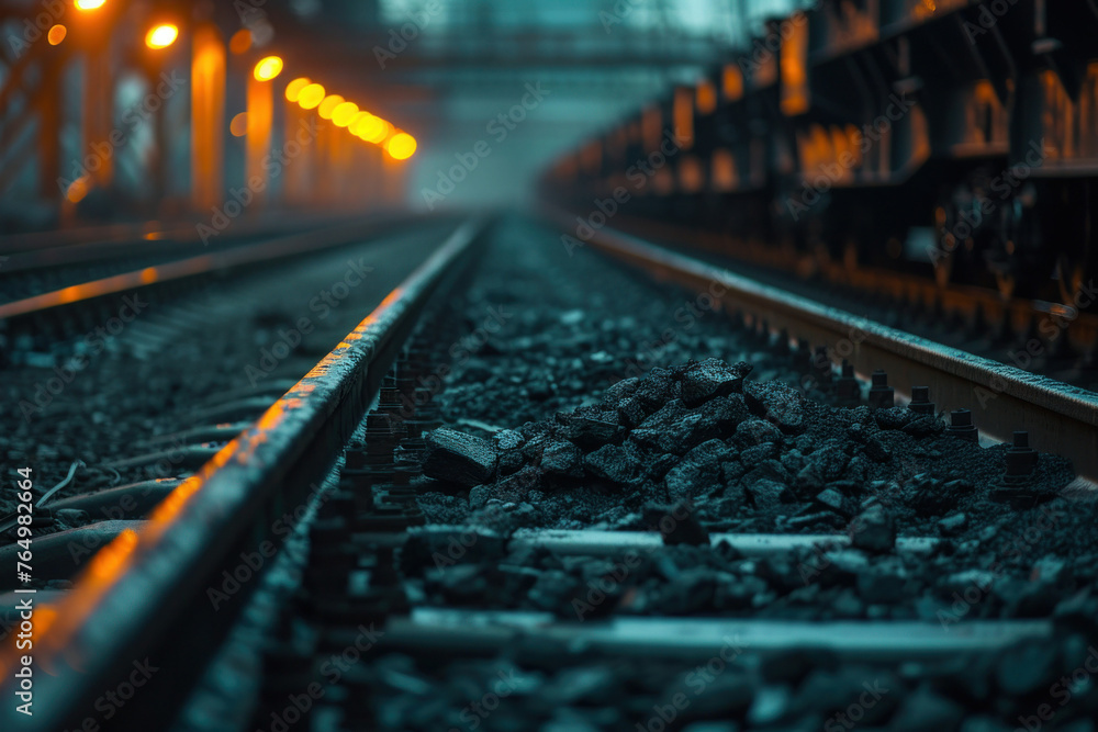 Scenic railroad track with train and distant light in dramatic perspective, picturesque transportation concept Scenic railroad track with train and distant light in dramatic perspective, picturesque transportation concept
