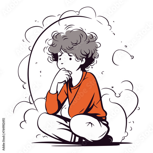 Vector illustration of a young man thinking about something on a white background.