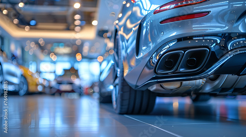 Sporting car's dual exhaust tip muffler pipe in up-close, with the dealership in the backdrop, space, car showroom on background. back of black car, Generative Ai  © Xpert