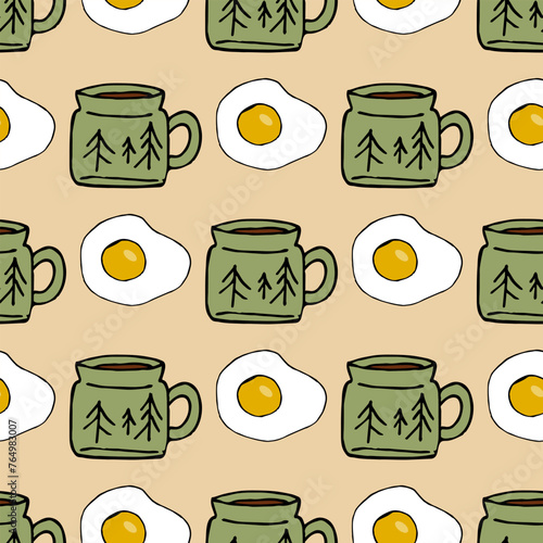 Seamless pattern in wondrous morning breakfast on beige background. Vector image.