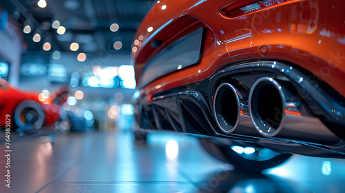 Sporting car's dual exhaust tip muffler pipe in up-close, with the dealership in the backdrop, space, car showroom on background. back of black car, Generative Ai 