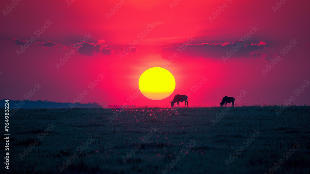 Fototapeta premium Two horses graze in a field with a large red sun in the background