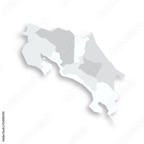 Costa Rica political map of administrative divisions - provinces. Grey blank flat vector map with dropped shadow.
