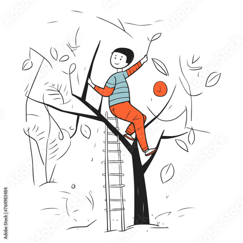 Little boy climbing up the tree and playing with ball