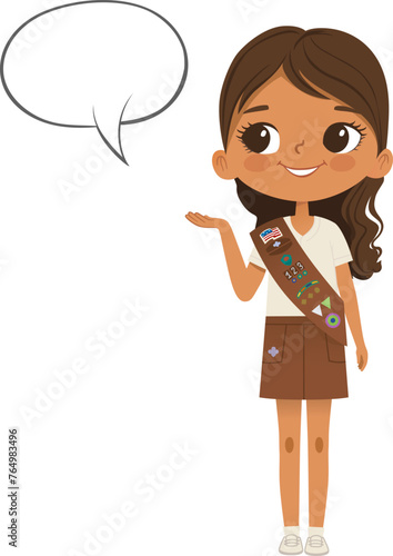 Smiling African American girl scout wearing sash with badges isolated on white background. Female scouter, Brownie ligue Scout Girls troop