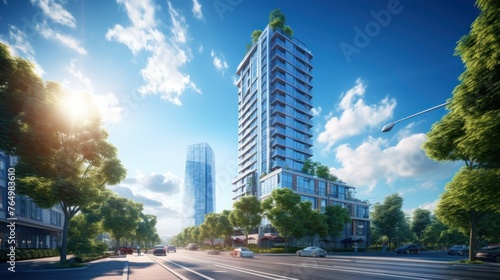 Photorealistic Tall building and behind it a beautiful and sky