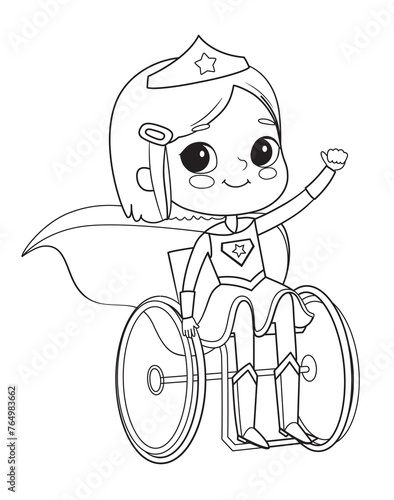 Caucasian KColoring Page of Super Hero Girl In A Wheelchair. Girl wearing costumes of superheroes Coloring book. Cartoon vector characters of Kids Superheroesids копия