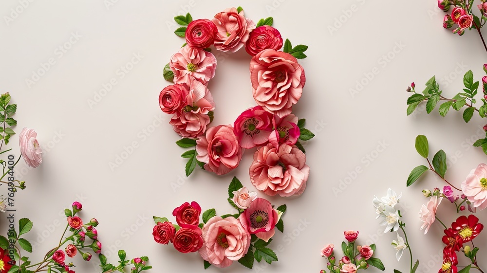 a vibrant flat lay composition featuring colorful flowers, leaves, and the number nine arranged in a layout, captured from a top-view perspective for an eye-catching display. a vibrant flat lay composition featuring colorful flowers, leaves, and the number nine arranged in a layout, captured from a top-view perspective for an eye-catching display.