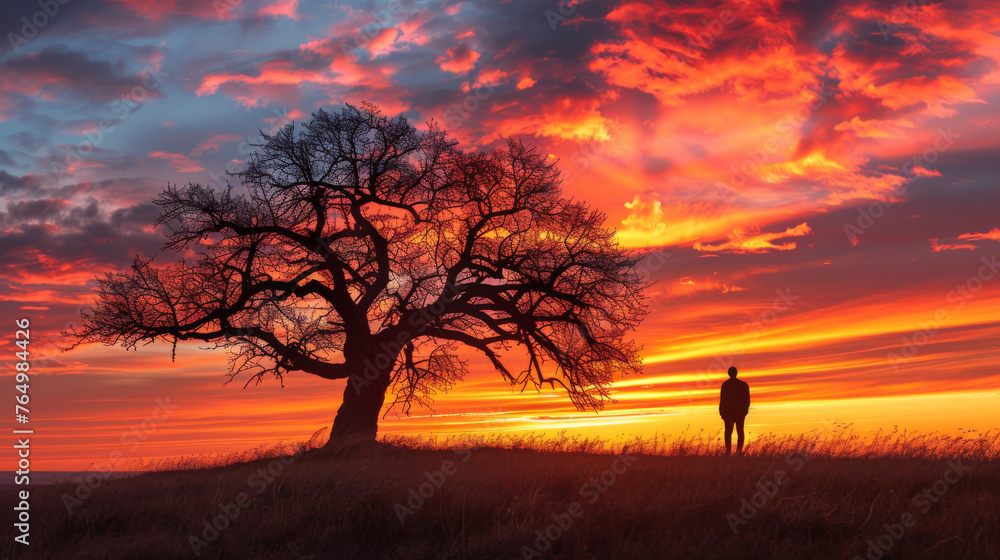 A man stands in front of a tree in a field at sunset
