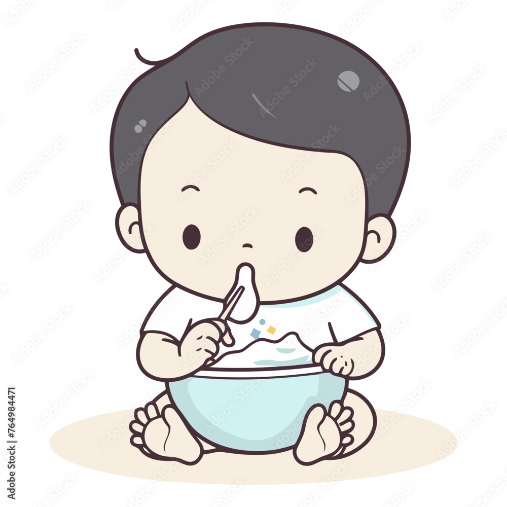 Illustration of a Baby Boy Eating a Bowl of Baby Food.