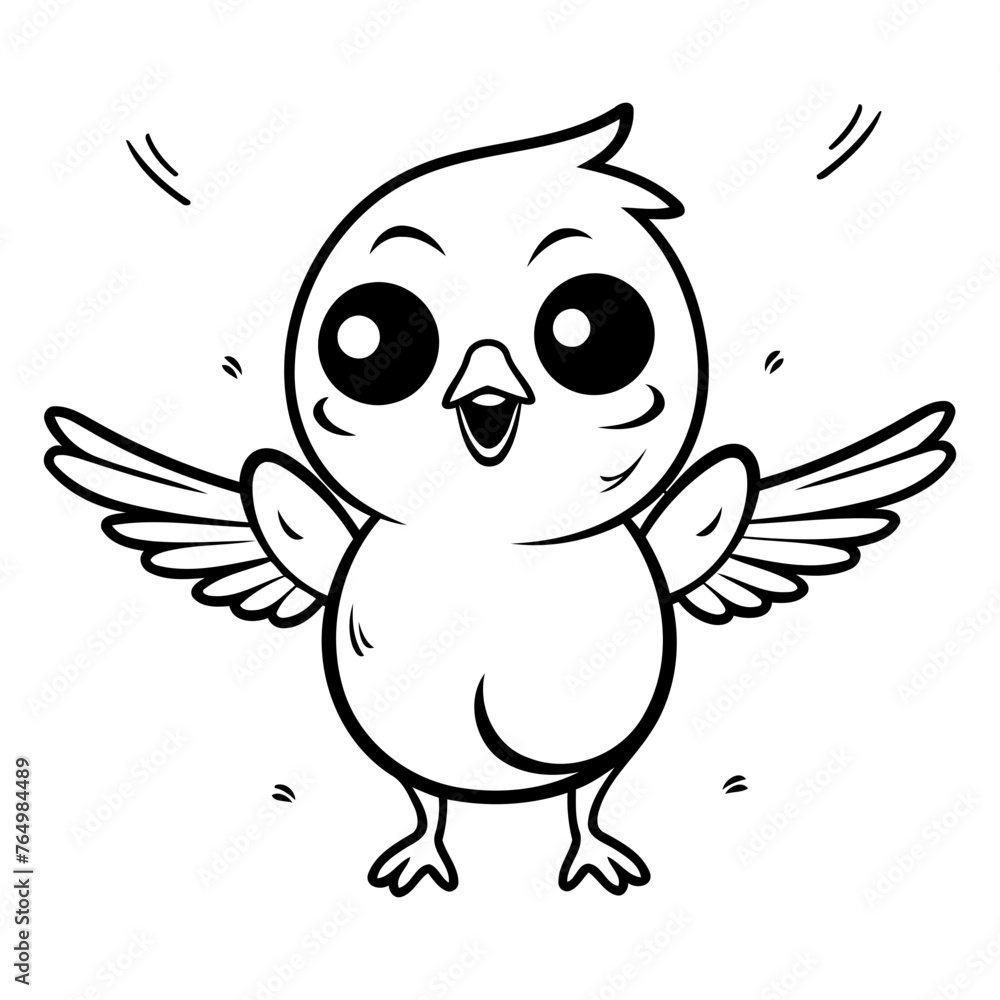 Black and White Cartoon Illustration of Cute Bird Character for Coloring Book