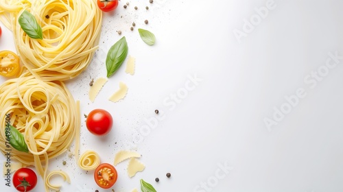 Fettuccine and spaghetti with ingredients for cooking pasta on a white background