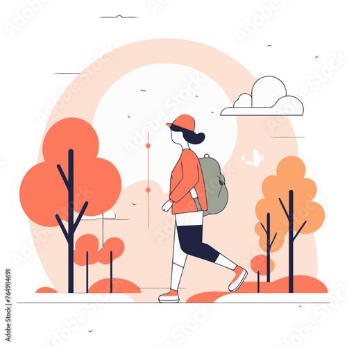 Vector illustration of girl in sportswear jogging in autumn park.