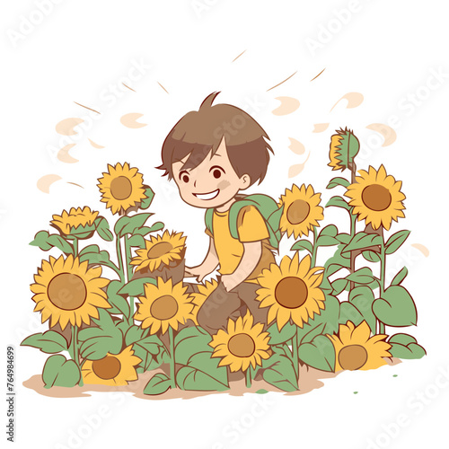 Cute little boy planting sunflowers in the garden.