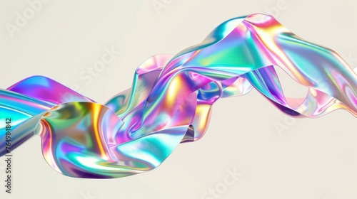 A 3D holographic liquid wave and iridescent chrome fluid silk fabric are isolated on a white background. A neon metallic ribbon with a rainbow gradient effect is flitting through the air.