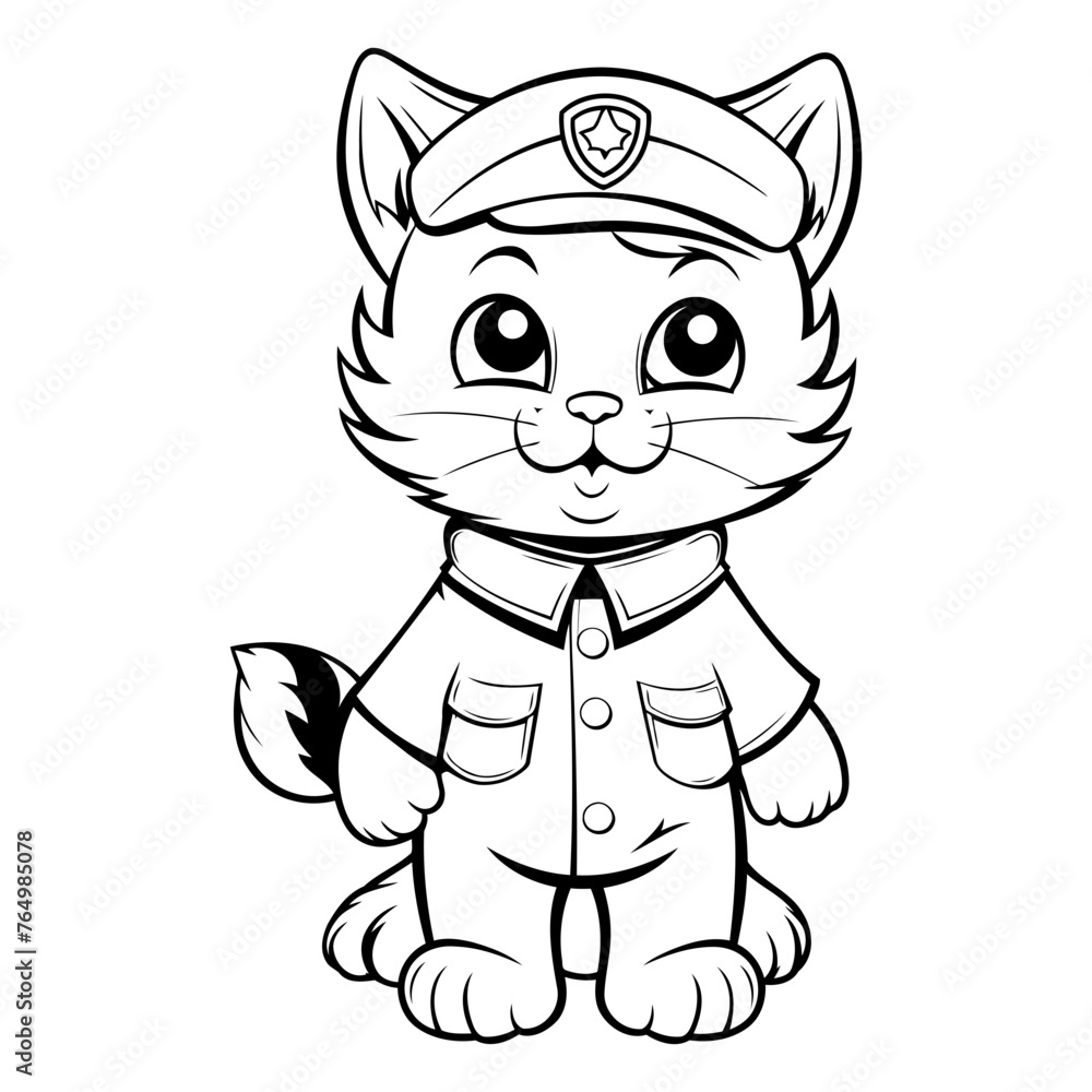 Black and White Cartoon Illustration of Cute Cat Police Officer Character Coloring Book