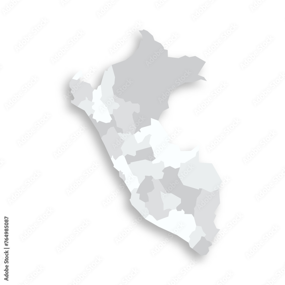 Peru political map of administrative divisions - departments. Grey blank flat vector map with dropped shadow.