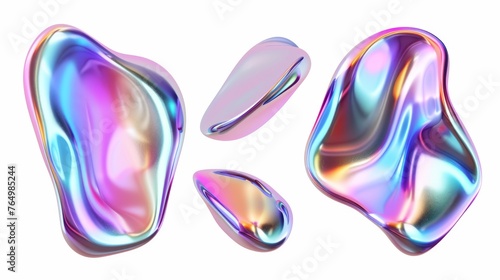 An abstract holographic metal blob with rainbow gradient effect. A three dimensional holographic liquid shape, displaying iridescent chrome bubbles isolated on white background.
