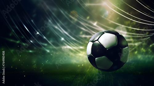 Soccer ball in net with spotlight and stadium lights,.Dynamic 3d Render Of Soccer Ball Scoring Goal © Aleey