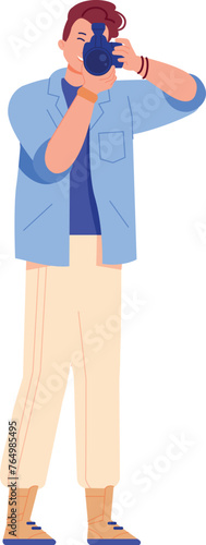 Man make professional photo. Young male photographer character