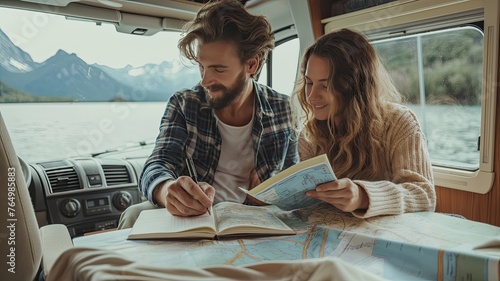 a couple of travelers planning their trip route inside a caravan, immersed in reading a paper map and jotting down notes in a notebook. photo
