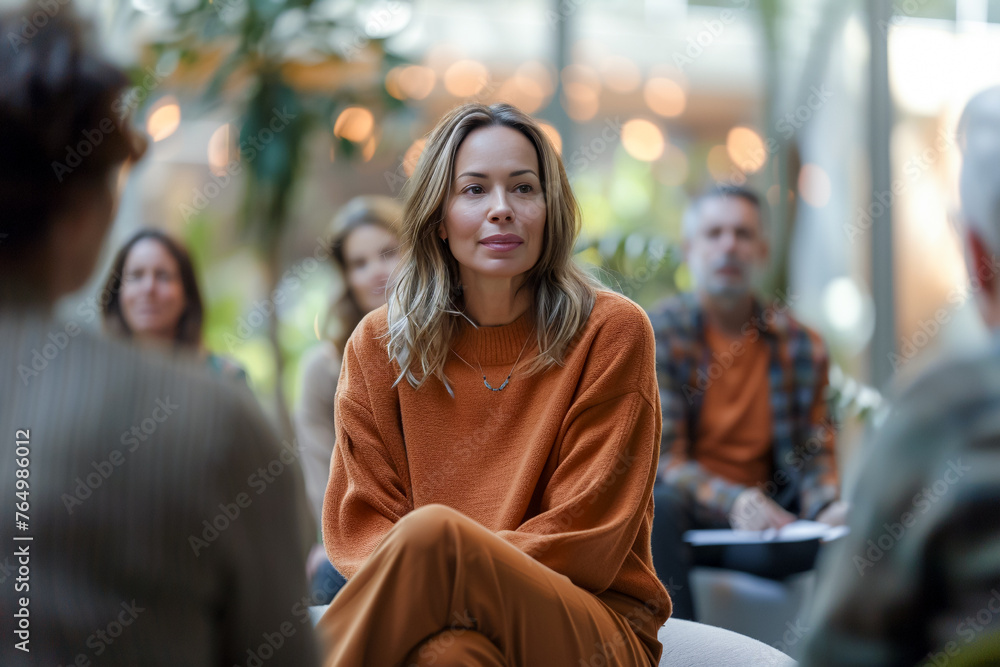 Group therapy circle, problem-sharing session, diverse attendees, mental health care. Group therapy circle, problem-sharing session, diverse attendees, mental health care.