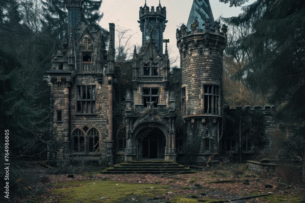 Mysterious Abandoned gothic castle. Creepy inside. Generate Ai