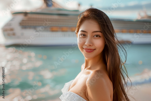 Asian traveler on cruise ship, tourist enjoying the sea breeze, holiday adventure.