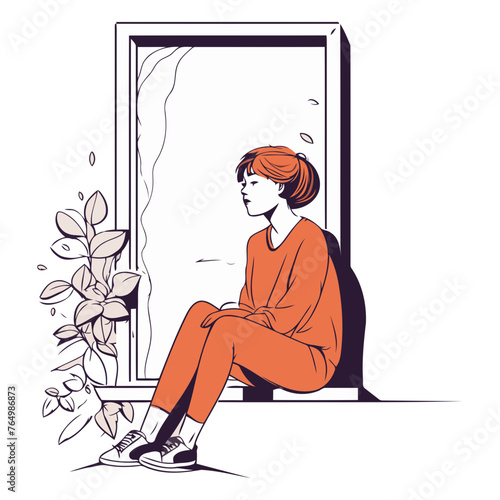 Sad young woman sitting near the window in cartoon style.