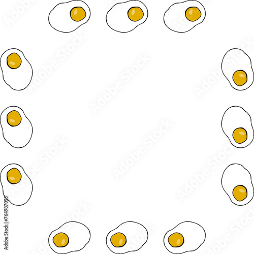 Square frame with wondrous fried egg on white background. Vector image.