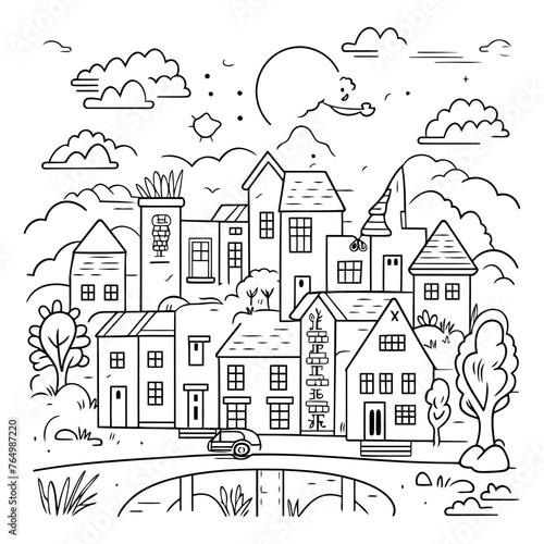 Hand drawn vector illustration of a rural landscape with houses and trees.