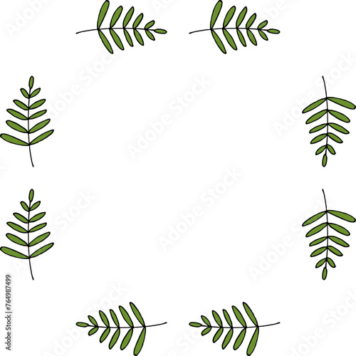 Square frame with wondrous green branches on white background. Vector image.