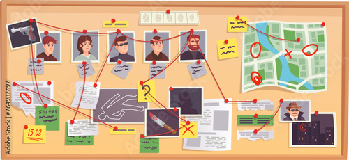 Crime investigation board cartoon icon. Evidence research