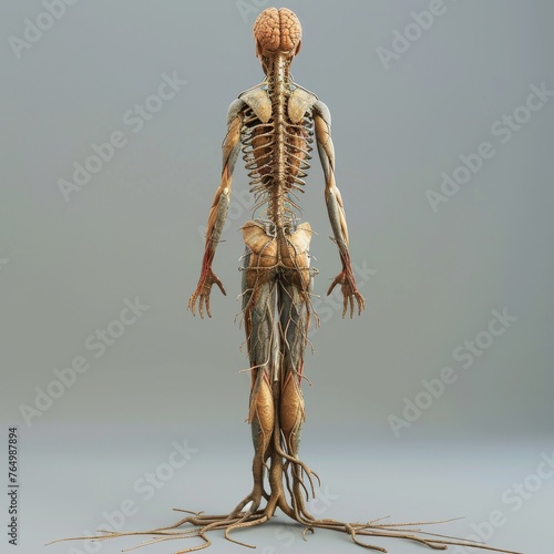 Conceptual artwork featuring a skeleton with a brain at its head, connected by root-like nerves, merging ideas of growth and knowledge