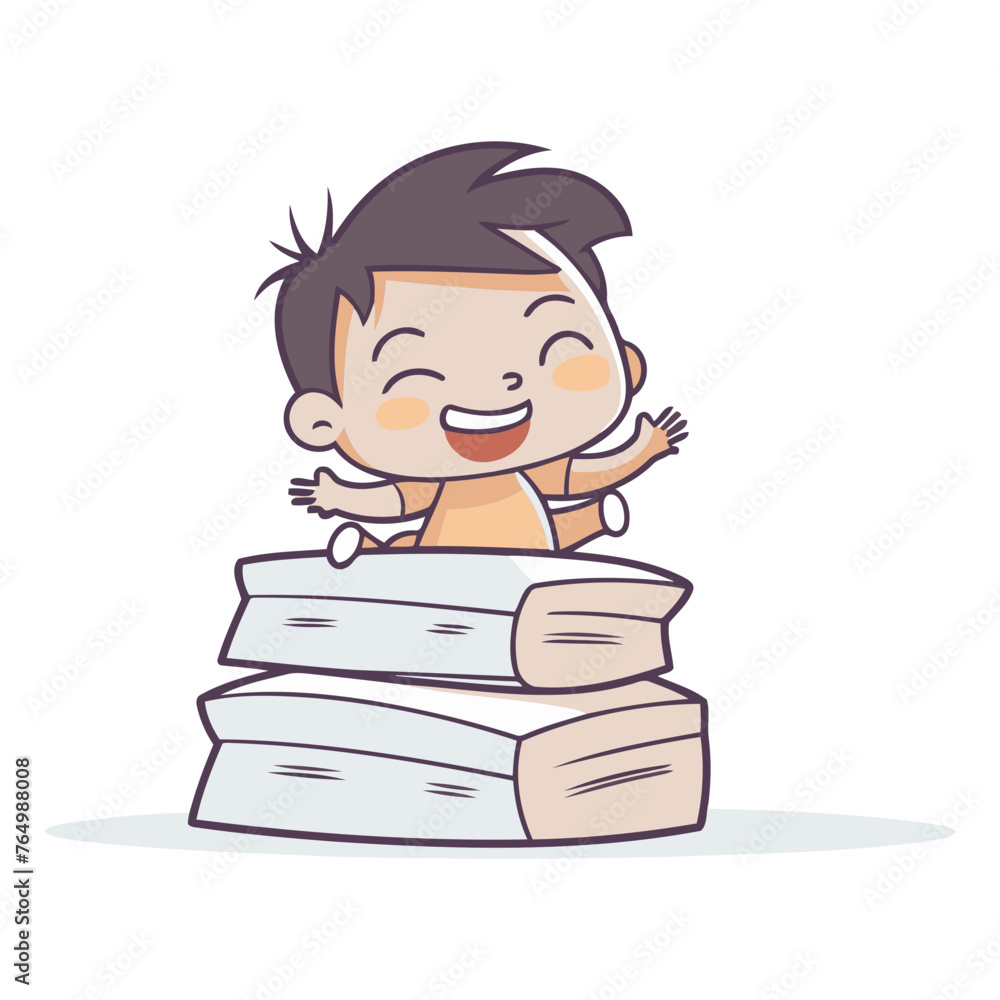 Cute little boy on pile of books. Cartoon vector illustration.