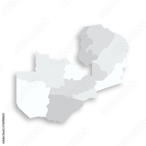 Zambia political map of administrative divisions - provinces. Grey blank flat vector map with dropped shadow.